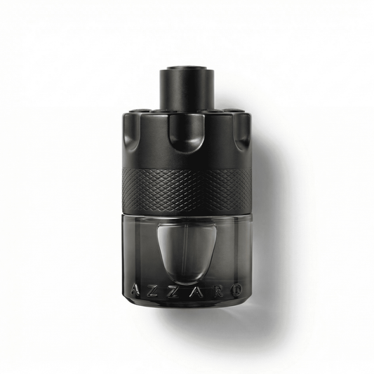 Bottle of Azzaro The Most Wanted EDT Intense fragrance on a white background with soft shadow