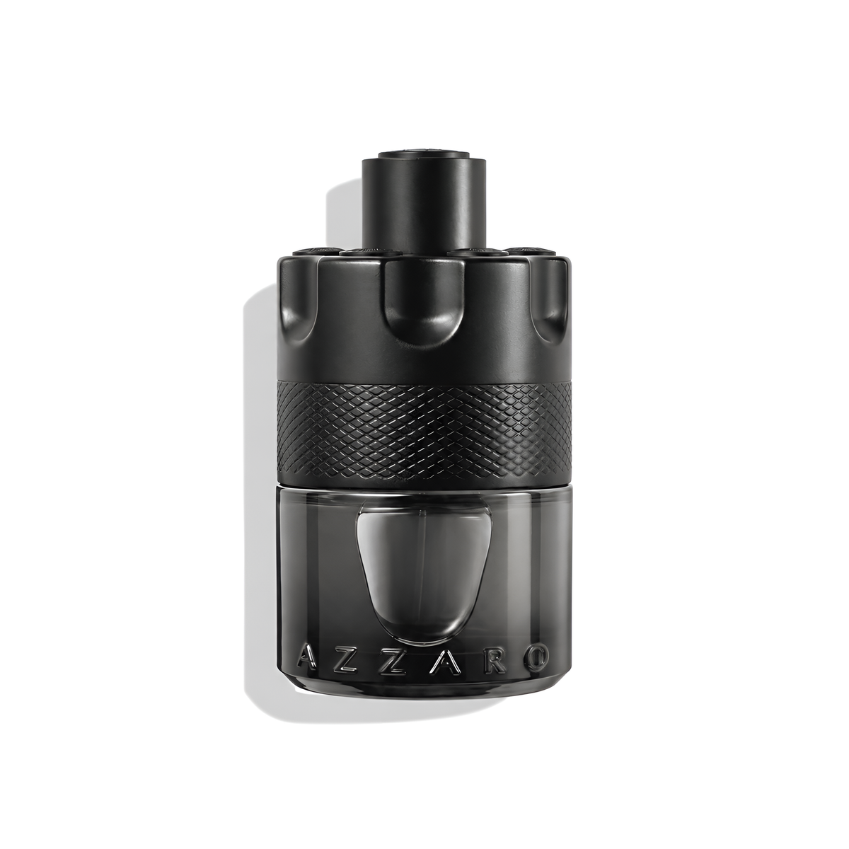 Bottle of Azzaro The Most Wanted EDT Intense fragrance on a white background with soft shadow