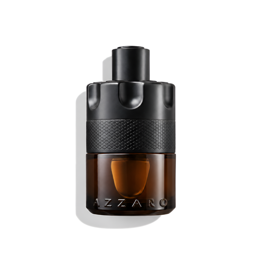 Bottle of Azzaro The Most Wanted Parfum fragrance on a white background with soft shadow