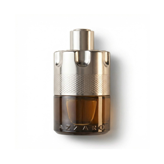 Bottle of Azzaro Wanted by Night EDP fragrance on a white background with soft shadow