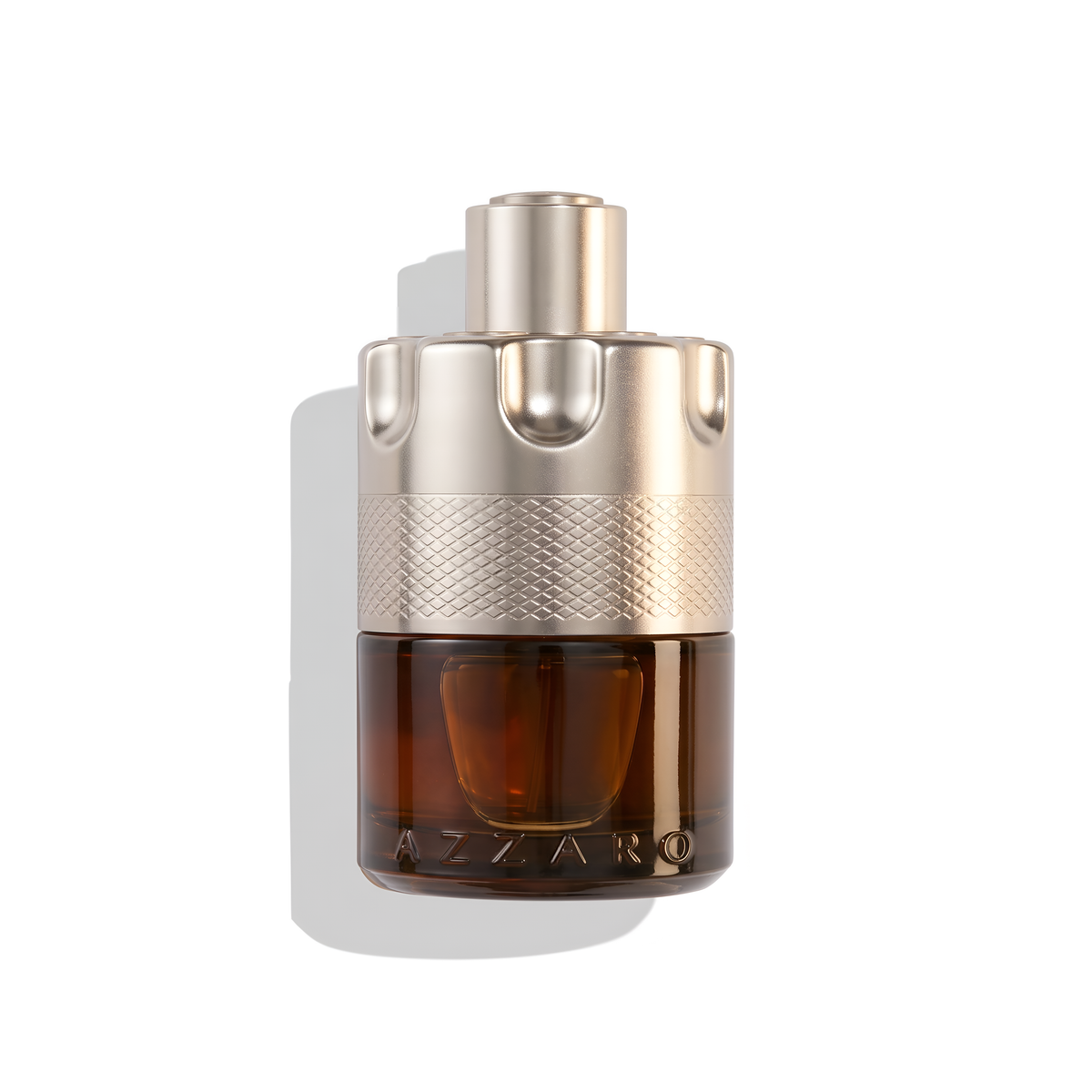 Bottle of Azzaro Wanted by Night EDP fragrance on a white background with soft shadow