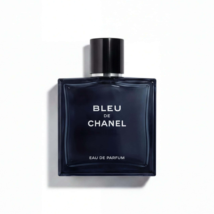 Bottle of Bleu de Chanel Eau de Parfum fragrance on a white background with soft shadow
