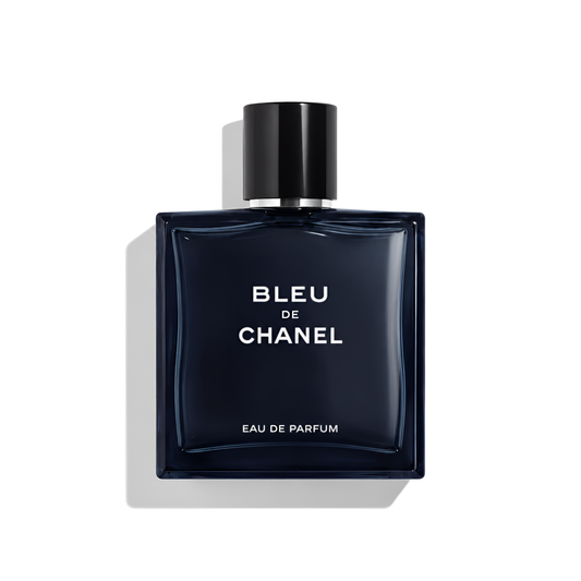 Bottle of Bleu de Chanel Eau de Parfum fragrance on a white background with soft shadow