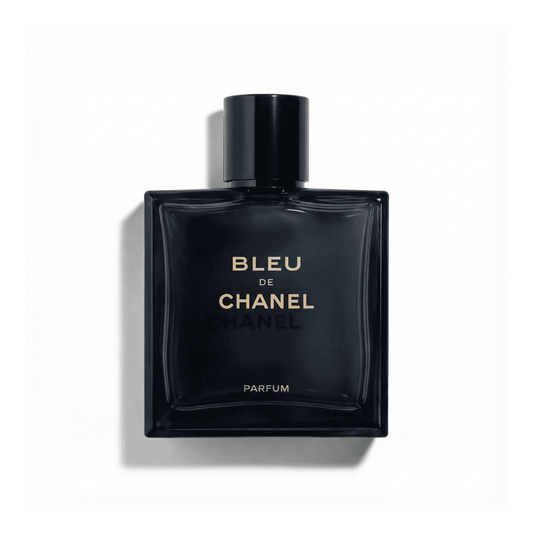 Bottle of Bleu de Chanel Parfum fragrance on a white background with soft shadow