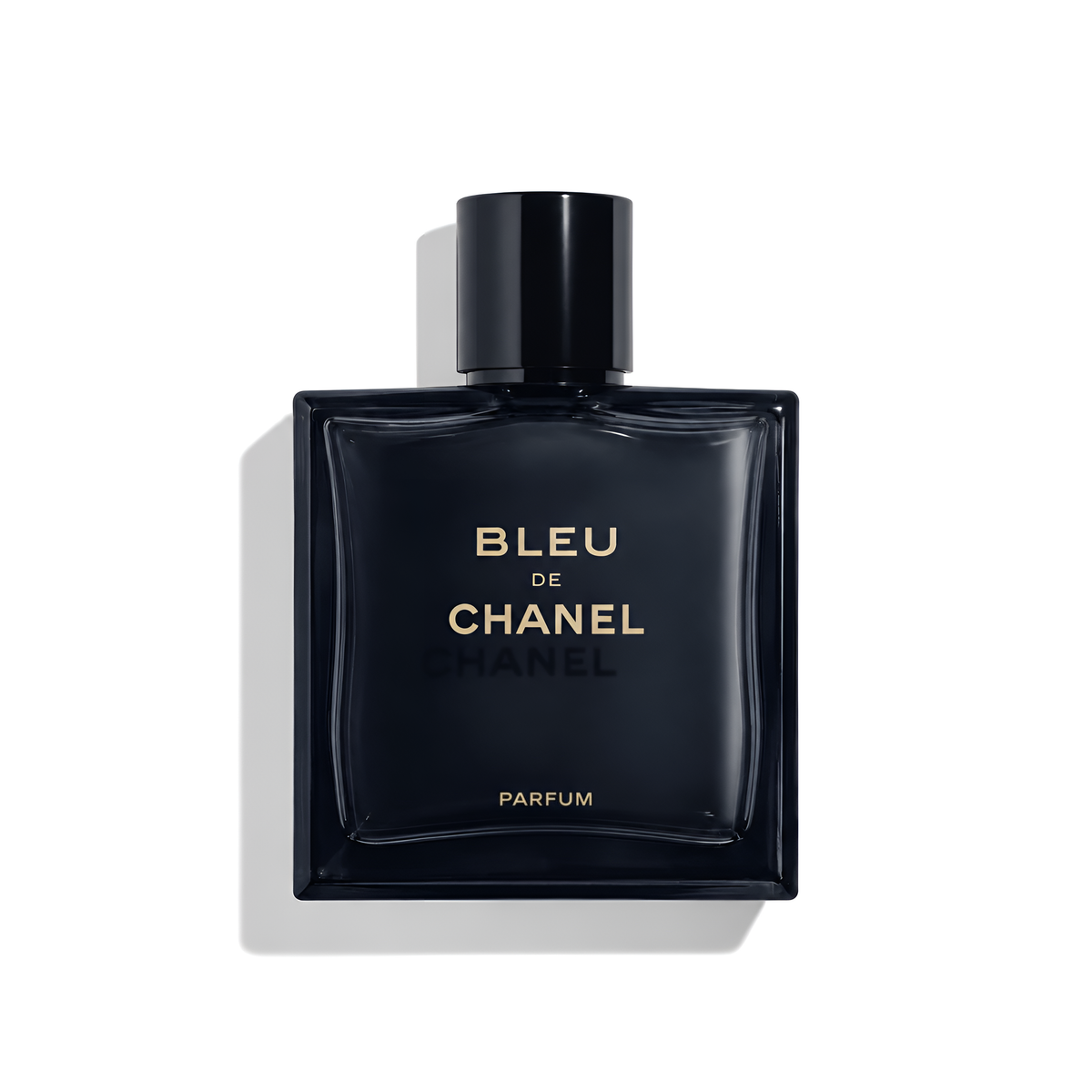 Bottle of Bleu de Chanel Parfum fragrance on a white background with soft shadow