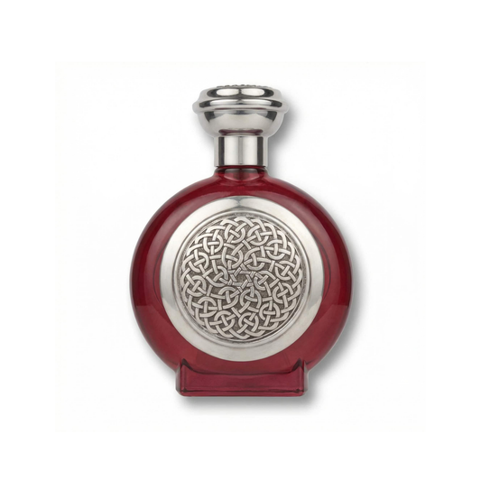 Bottle of Boadicea Harmonious EDP fragrance on a white background with soft shadow