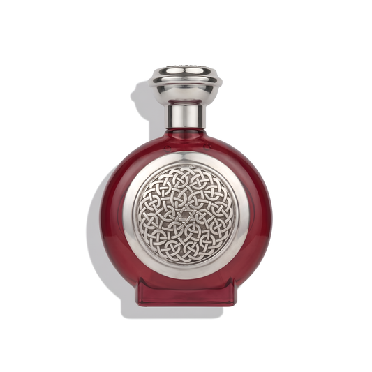Bottle of Boadicea Harmonious EDP fragrance on a white background with soft shadow