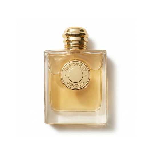 Bottle of Burberry Goddess EDP fragrance on a white background with soft shadow