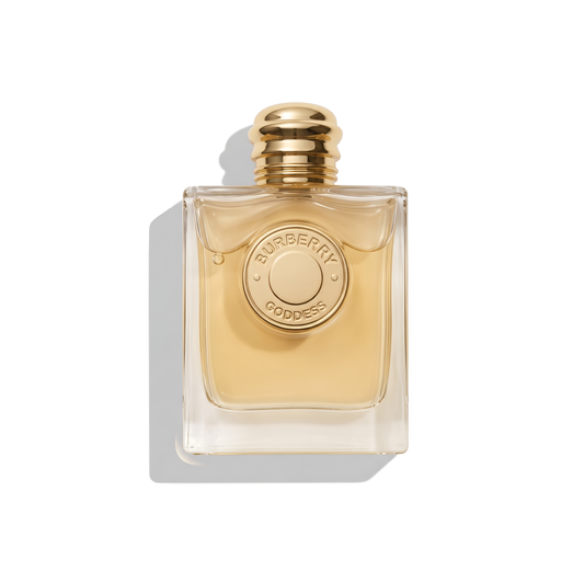 Bottle of Burberry Goddess EDP fragrance on a white background with soft shadow