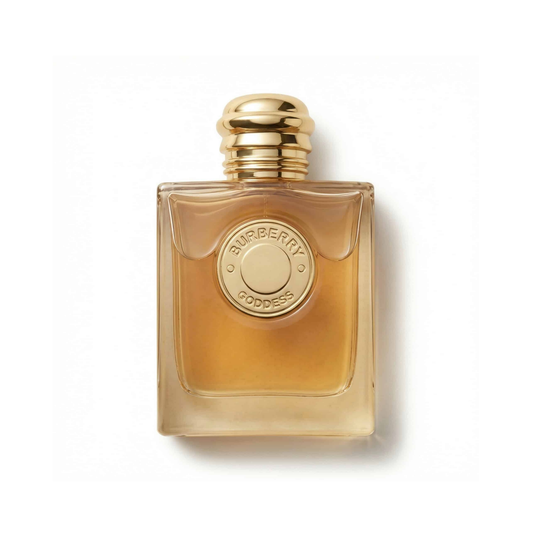 Bottle of Burberry Goddess Intense EDP fragrance on a white background with soft shadow