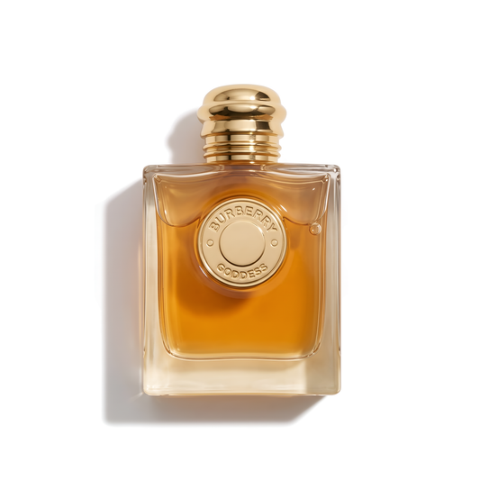 Bottle of Burberry Goddess Intense EDP fragrance on a white background with soft shadow