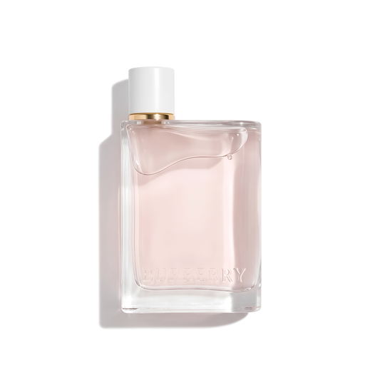 Bottle of Burberry Her Blossom EDT fragrance on a white background with soft shadow