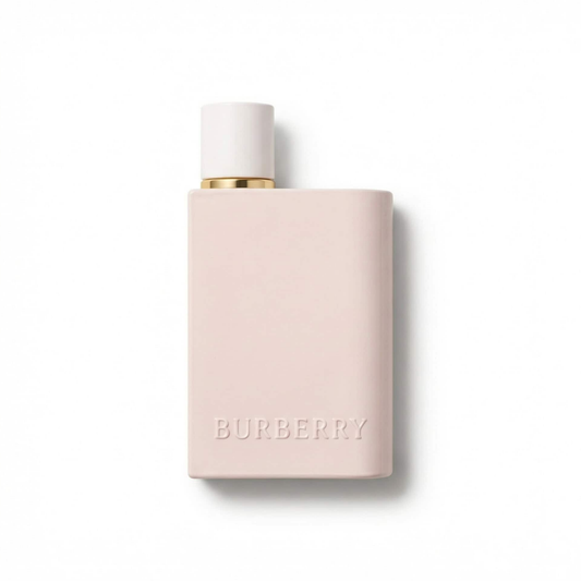 Bottle of Burberry Her Elixir fragrance on a white background with soft shadow