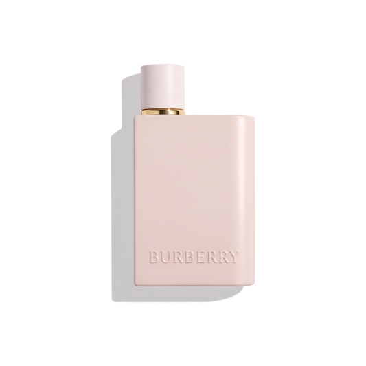 Bottle of Burberry Her Elixir fragrance on a white background with soft shadow