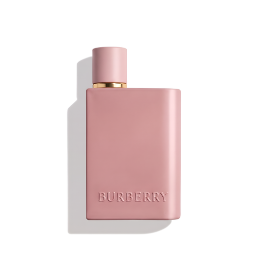 Bottle of Burberry Her Parfum fragrance on a white background with soft shadow