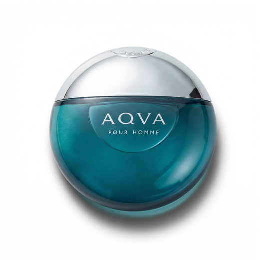 Bottle of Bvlgari AQVA Pour Homme EDP fragrance on a white background with soft shadow