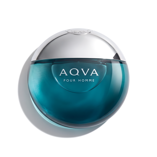 Bottle of Bvlgari AQVA Pour Homme EDT fragrance on a white background with soft shadow