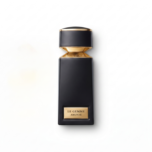 Bottle of Bvlgari Le Gemme Amunae EDP fragrance on a white background with soft shadow