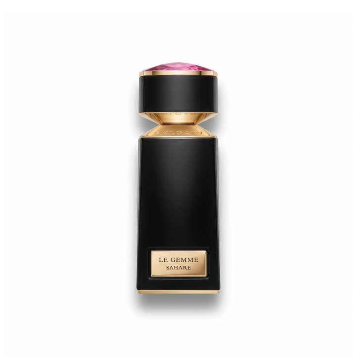 Bottle of Bvlgari Le Gemme Sahare EDP fragrance on a white background with soft shadow