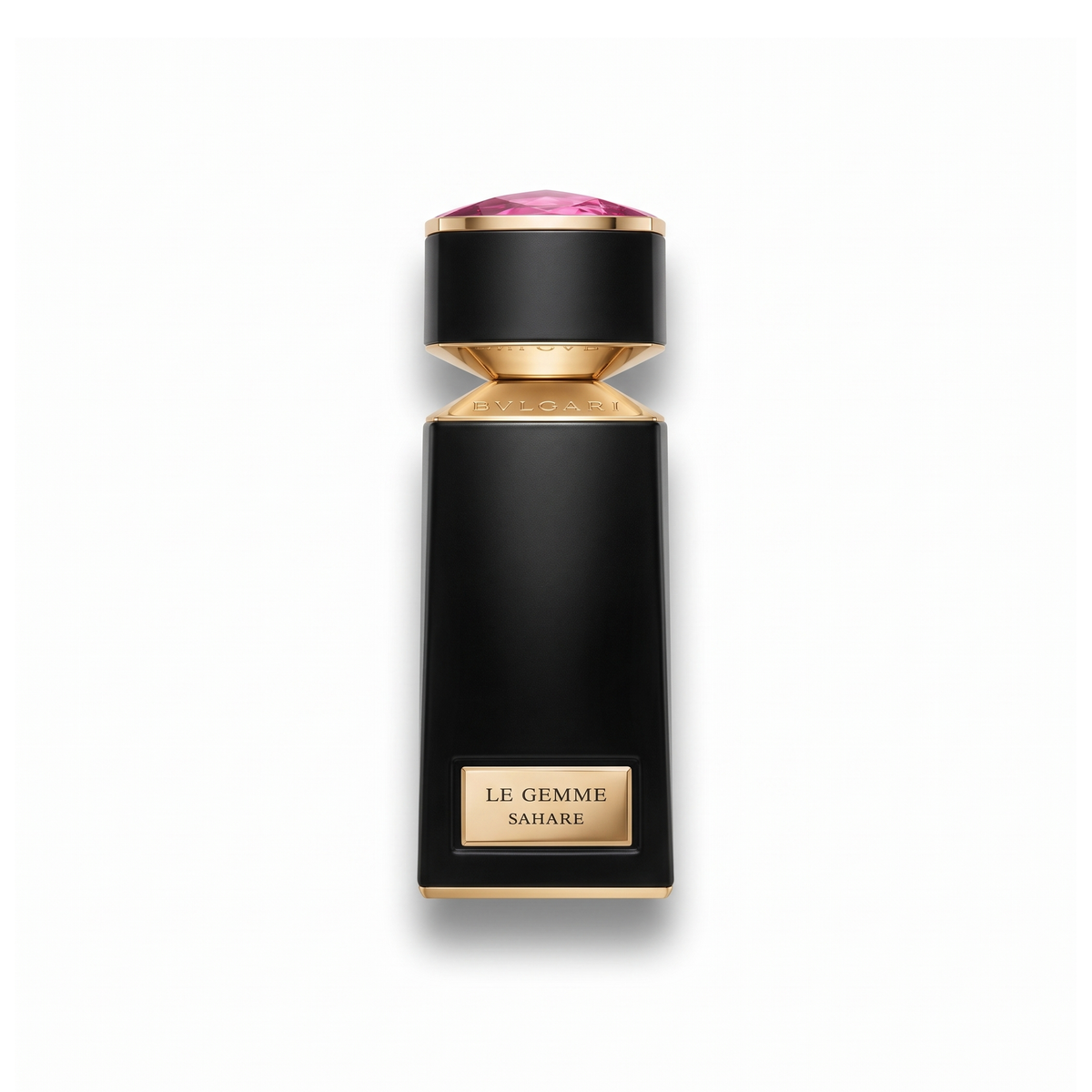 Bottle of Bvlgari Le Gemme Sahare EDP fragrance on a white background with soft shadow