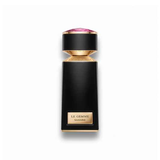 Bottle of Bvlgari Le Gemme Sahare EDP fragrance on a white background with soft shadow
