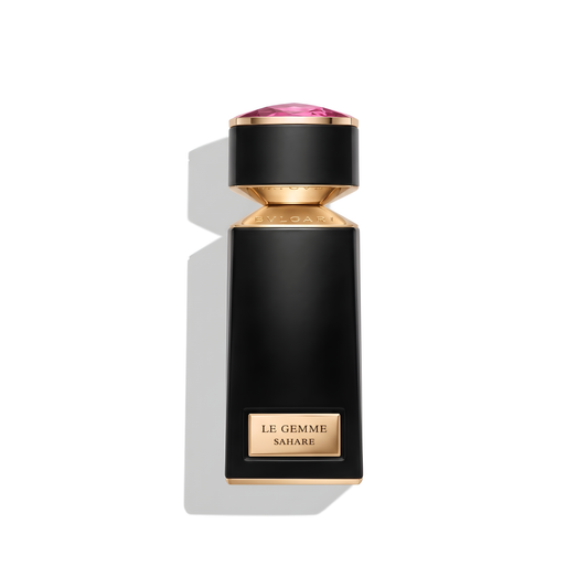 Bottle of Bvlgari Le Gemme Sahare EDP fragrance on a white background with soft shadow