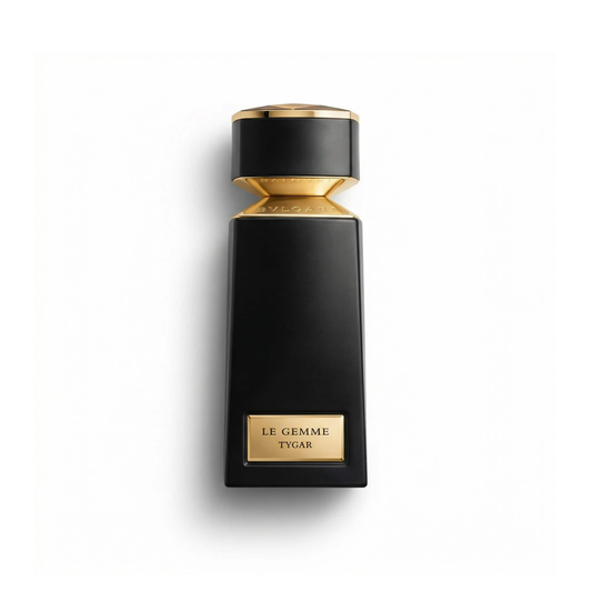 Bottle of Bvlgari Le Gemme Tygar EDP fragrance on a white background with soft shadow