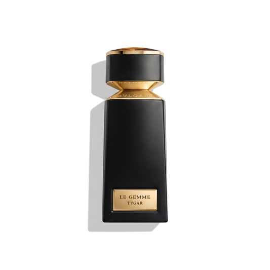 Bottle of Bvlgari Le Gemme Tygar EDP fragrance on a white background with soft shadow