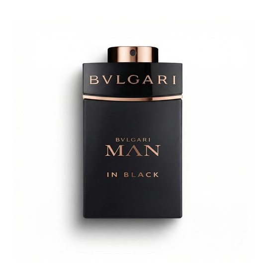Bottle of Bvlgari Man In Black EDP fragrance on a white background with soft shadow