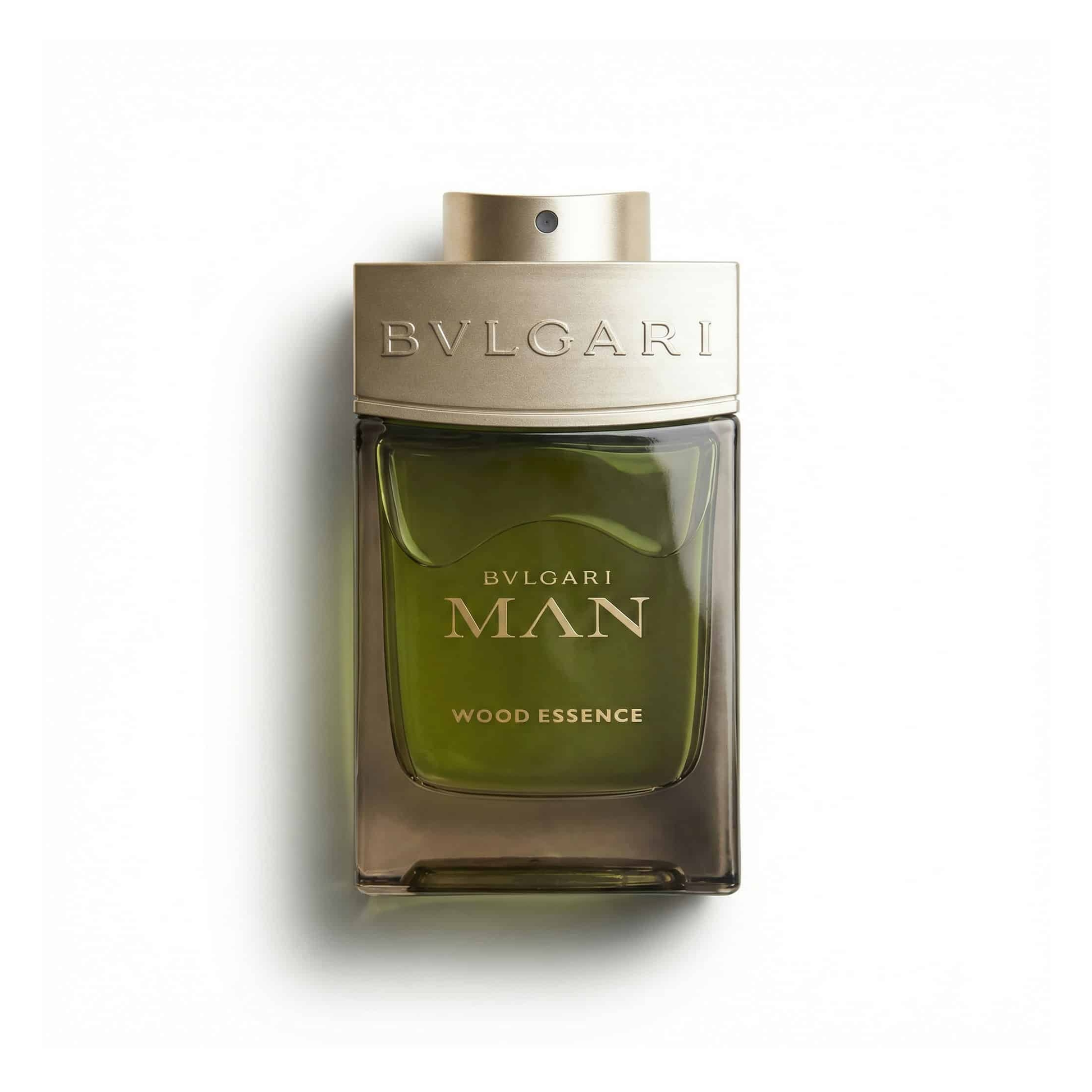 Bottle of Bvlgari Wood Essence EDP fragrance on a white background with soft shadow