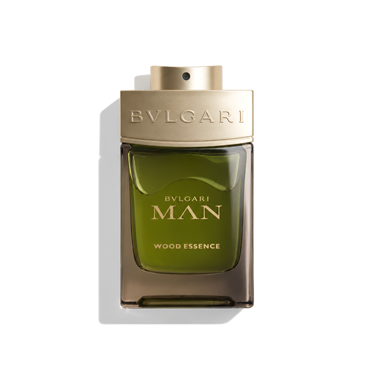 Bottle of Bvlgari Wood Essence EDP fragrance on a white background with soft shadow