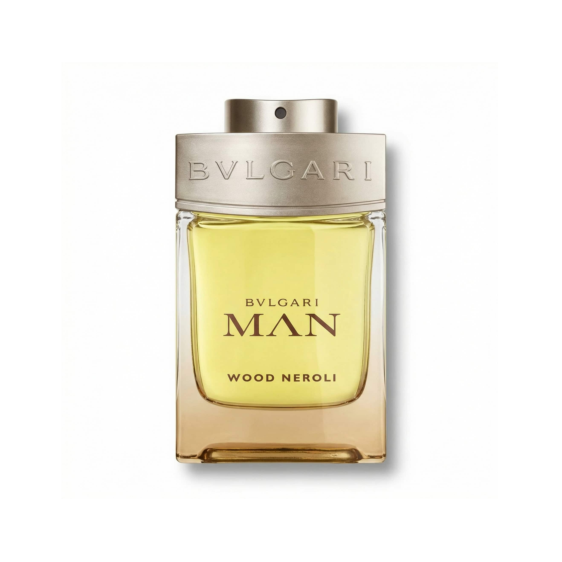 Bottle of Bvlgari Wood Neroli EDP fragrance on a white background with soft shadow