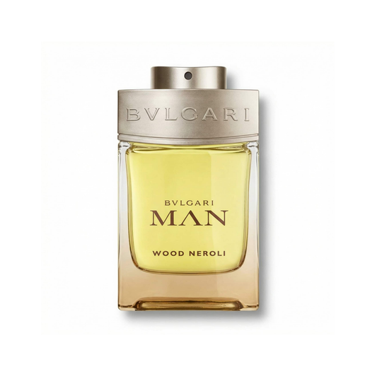 Bottle of Bvlgari Wood Neroli EDP fragrance on a white background with soft shadow