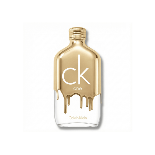 Bottle of Calvin Klein CK One Gold EDT fragrance on a white background with soft shadow