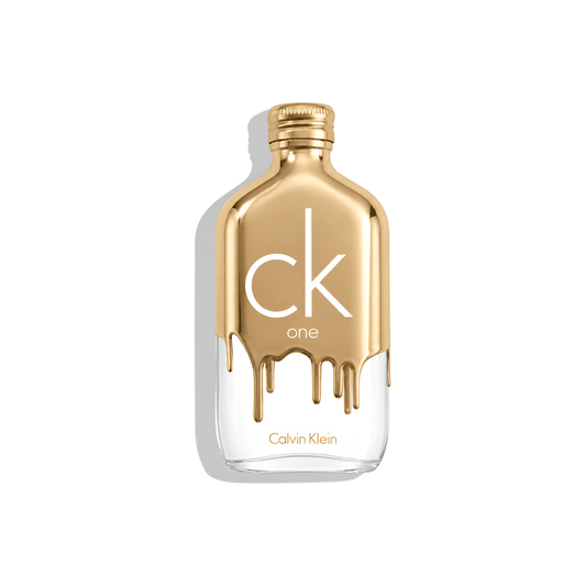 Bottle of Calvin Klein CK One Gold EDT fragrance on a white background with soft shadow