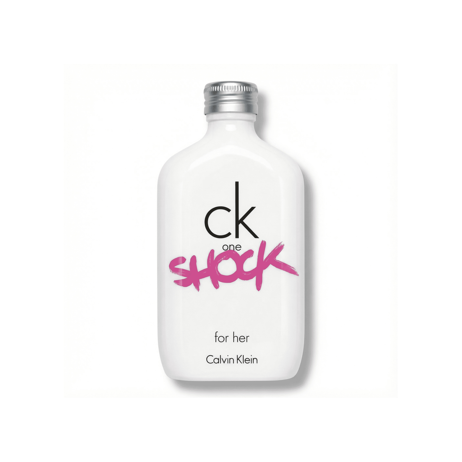 Bottle of Calvin Klein CK One Shock For Her EDT fragrance on a white background with soft shadow