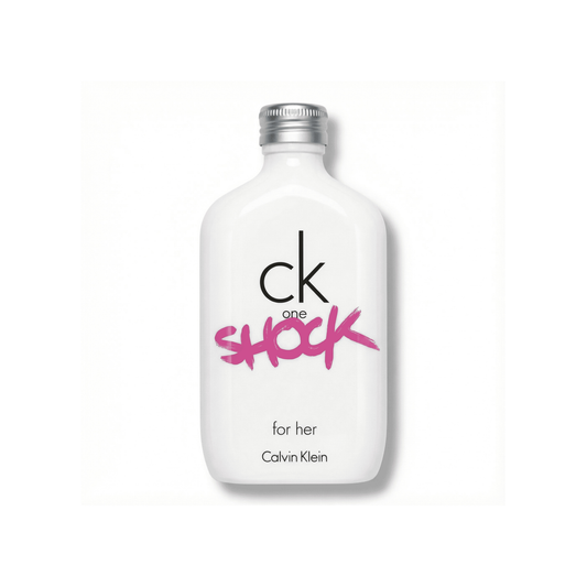 Bottle of Calvin Klein CK One Shock For Her EDT fragrance on a white background with soft shadow