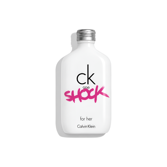 Bottle of Calvin Klein CK One Shock For Her EDT fragrance on a white background with soft shadow