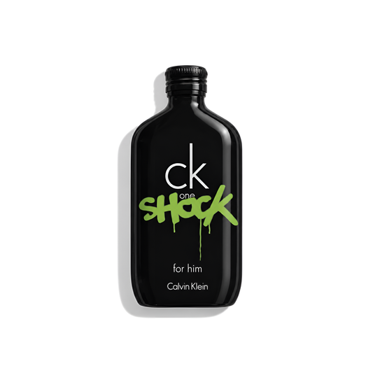 Bottle of Calvin Klein CK One Shock For Him EDT fragrance on a white background with soft shadow