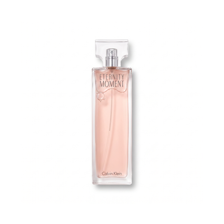 Bottle of Calvin Klein Eternity Moment EDP fragrance on a white background with soft shadow