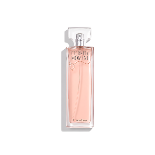 Bottle of Calvin Klein Eternity Moment EDP fragrance on a white background with soft shadow