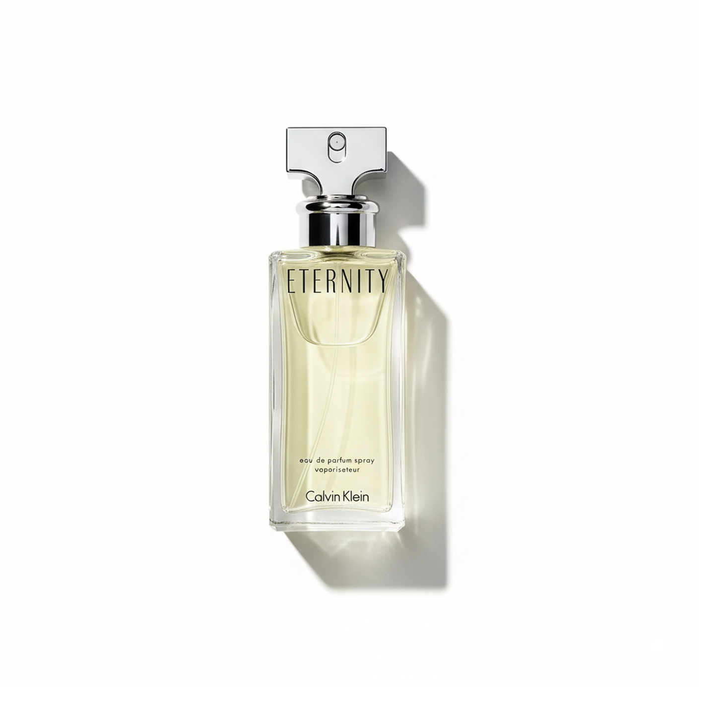 Bottle of Calvin Klein Eternity for Women EDP fragrance on a white background with soft shadow