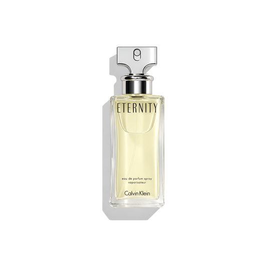 Bottle of Calvin Klein Eternity for Women EDP fragrance on a white background with soft shadow