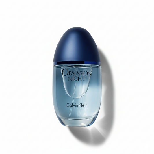 Bottle of Calvin Klein Obsession Night Woman EDP fragrance on a white background with soft shadow
