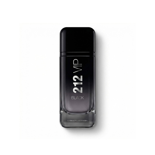 Bottle of Carolina Herrera 212 VIP Black EDP fragrance on a white background with soft shadow
