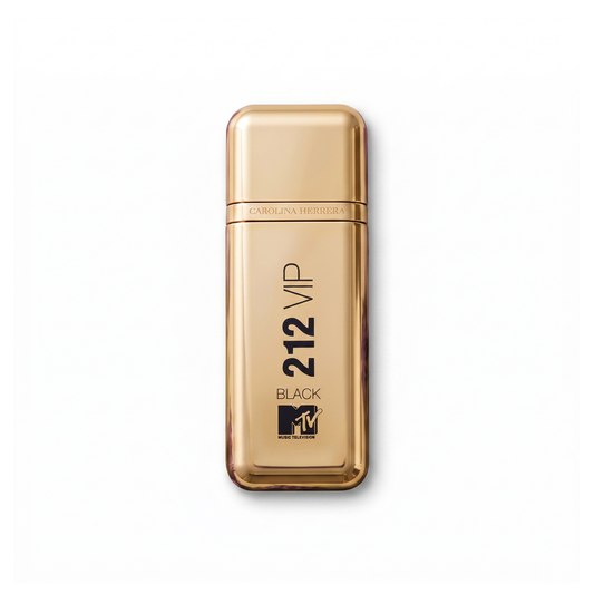 Bottle of Carolina Herrera 212 VIP Black MTV EDP fragrance on a white background with soft shadow