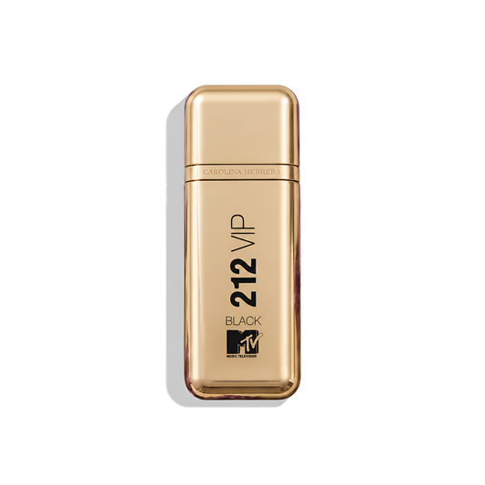 Bottle of Carolina Herrera 212 VIP Black MTV EDP fragrance on a white background with soft shadow