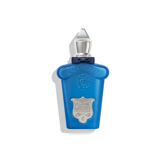Bottle of Casamorati Mefisto Gentiluomo EDP fragrance on a white background with soft shadow