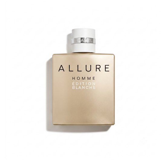 Bottle of Chanel Allure Homme Édition Blanche EDP fragrance on a white background with soft shadow