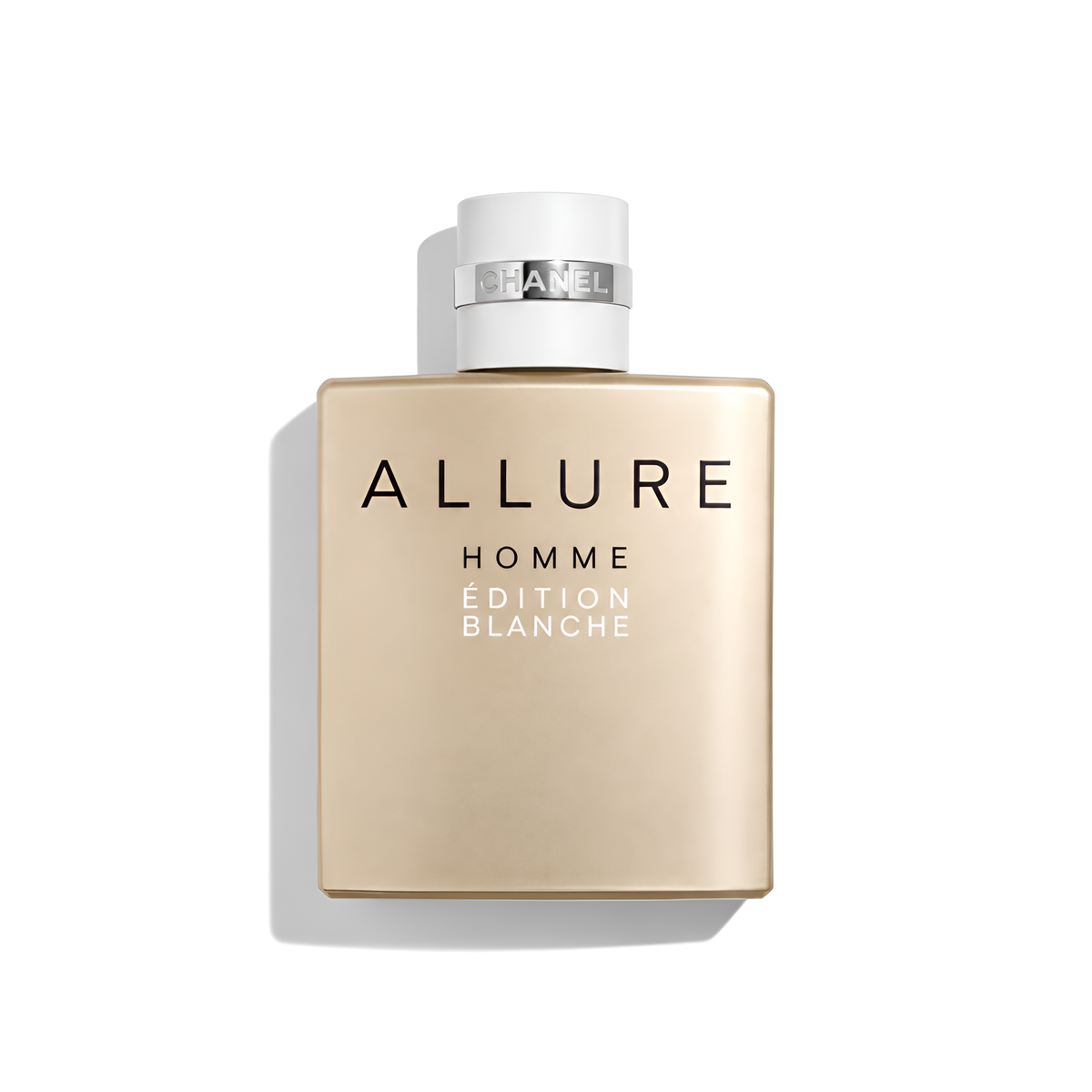 Bottle of Chanel Allure Homme Édition Blanche EDP fragrance on a white background with soft shadow